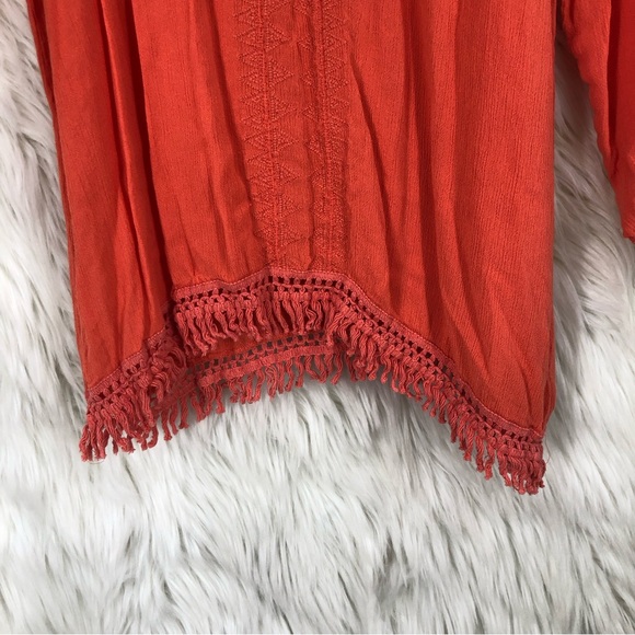 Ladies Orange Tunic w/Crochet Tassel Cuffs & Hem; Asymmetrical Hem; Embroidery M - Picture 5 of 8
